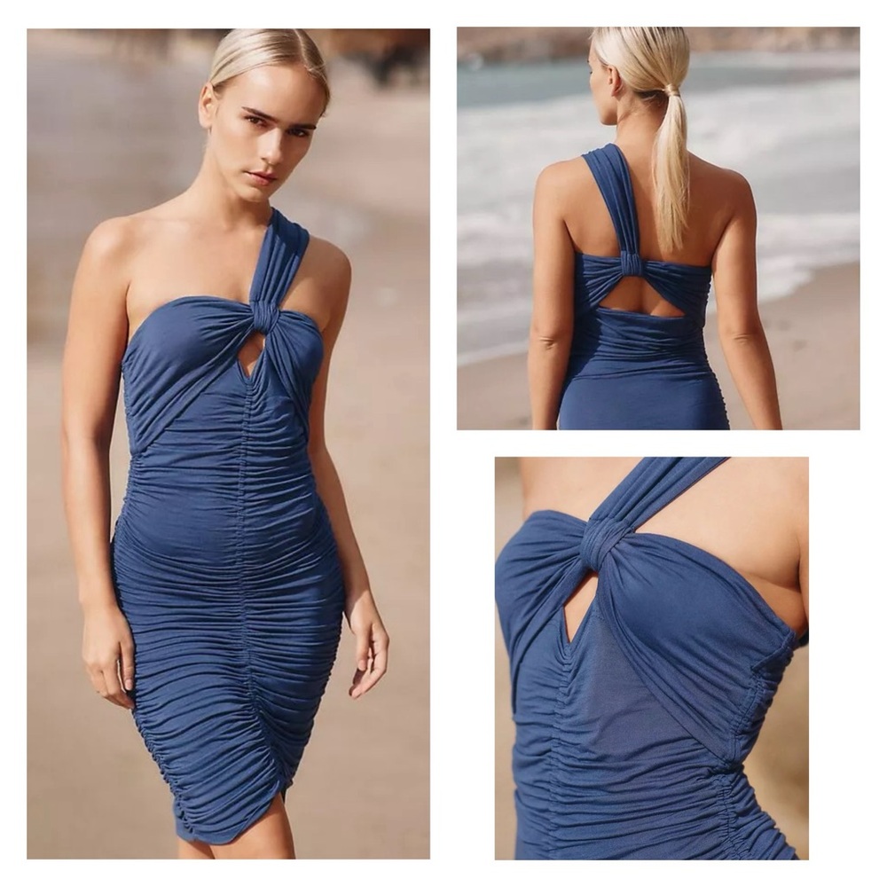 BY ANTHROPOLOGIE Blue Ruching Style One-Shoulder Back Peep Hole Dress S